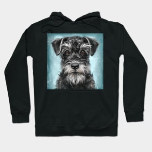 Painting of a Black and White Schnauzer on Blue Background Hoodie